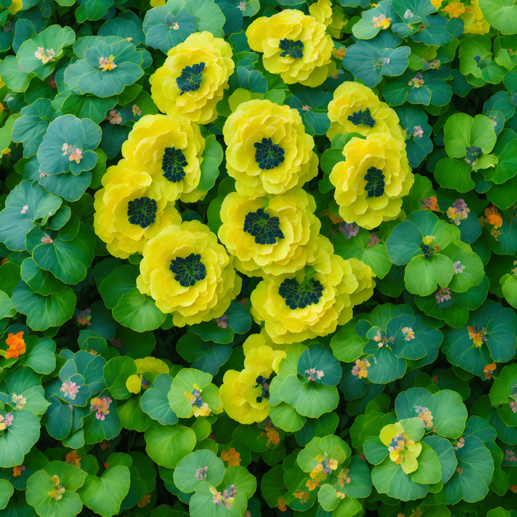 Colorful Yellow Flowers with Black Centers and Green Leaves Displayed Together