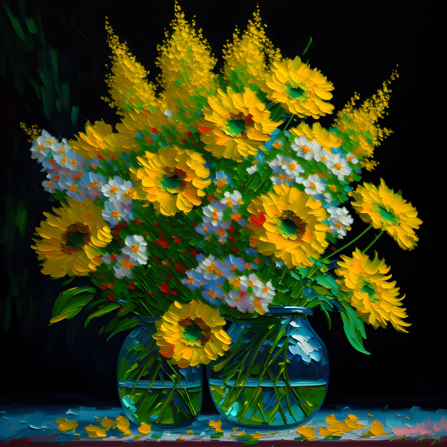 Bright sunflowers and white flowers in glass vase on dark background