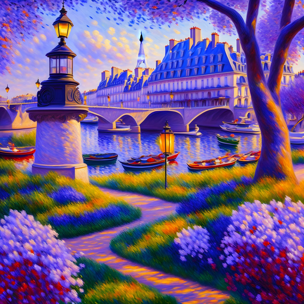 Colorful riverside painting with lamp post, flowers, boats, and classical buildings at twilight