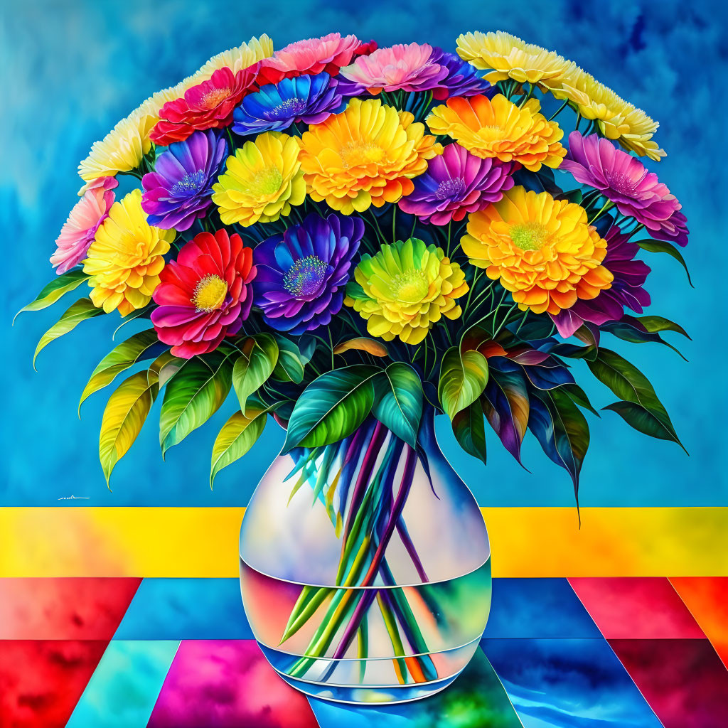 Colorful Multicolored Flower Bouquet in Reflective Vase on Checkered Surface