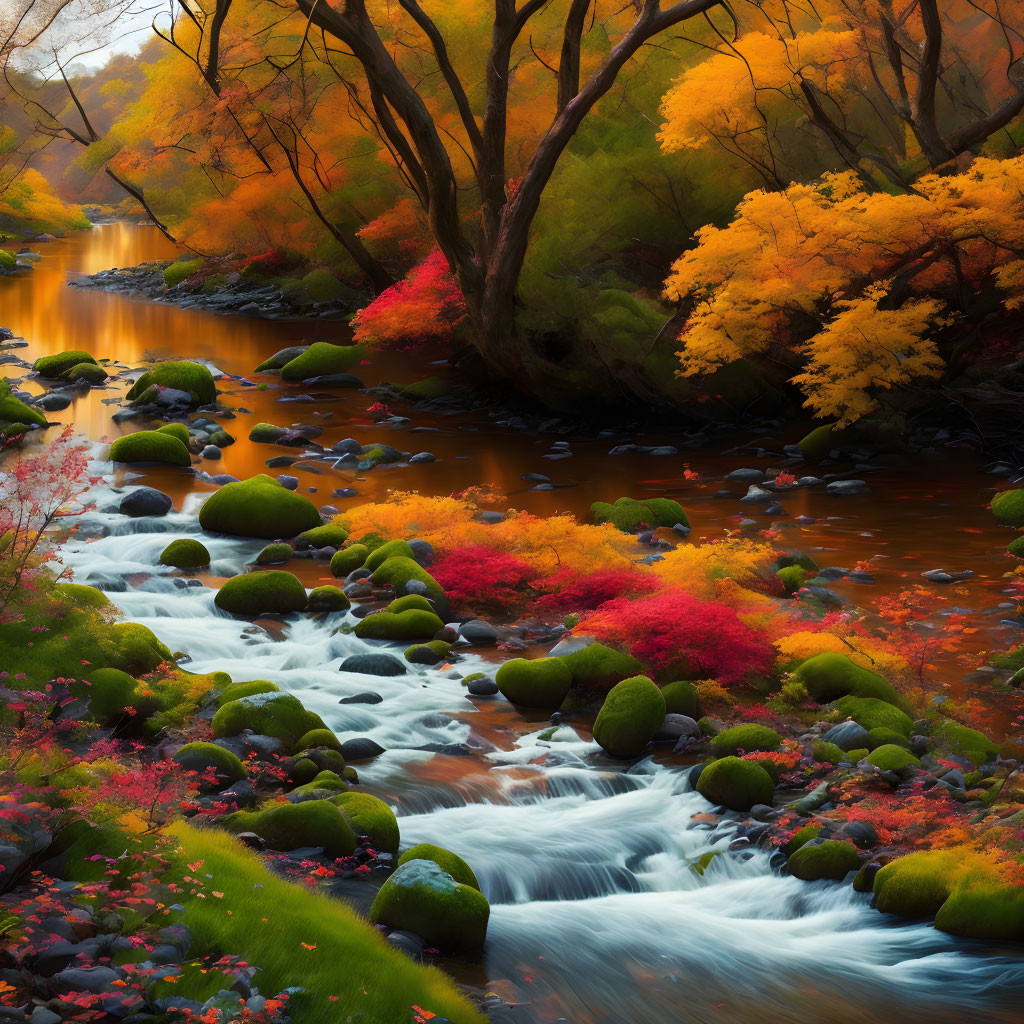 Scenic autumn river with colorful foliage and moss-covered rocks