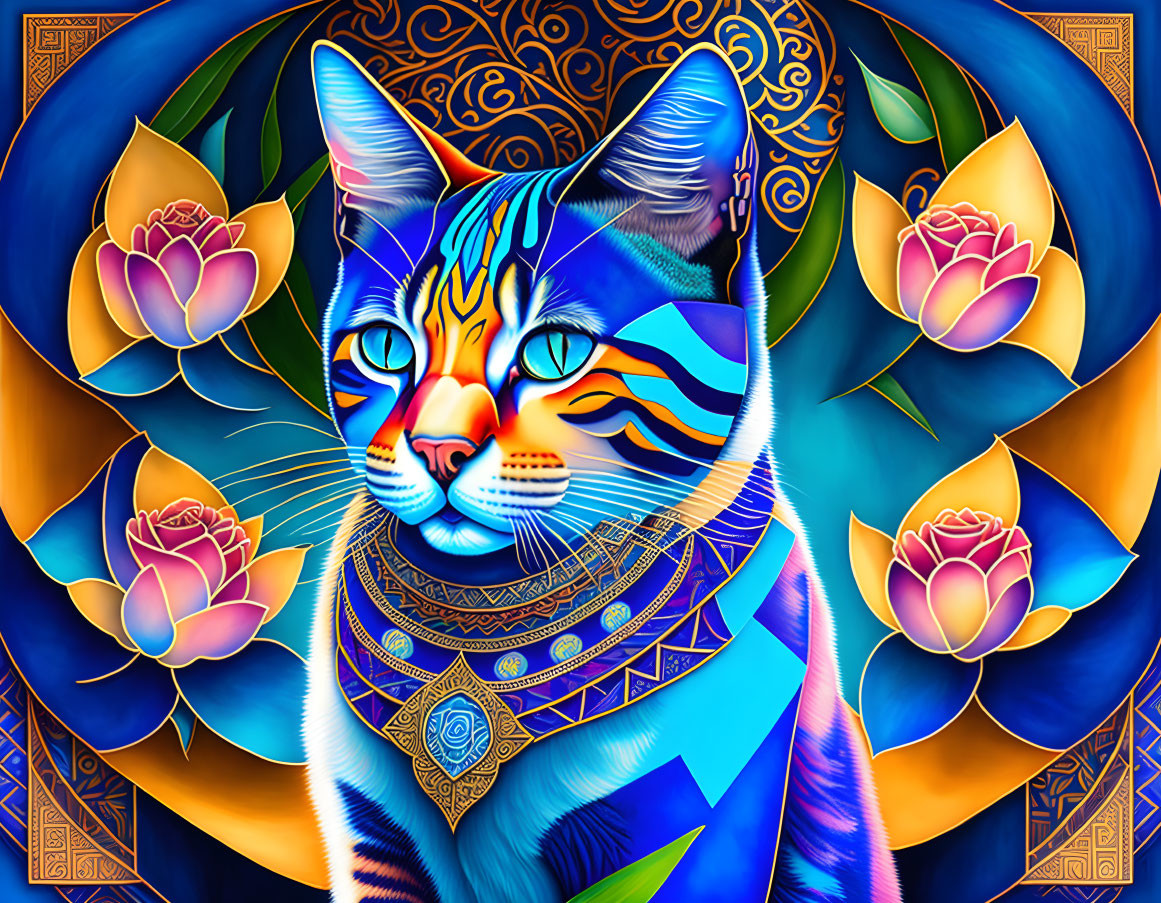 Colorful Digital Artwork: Cat with Lotus Flowers and Ornate Patterns