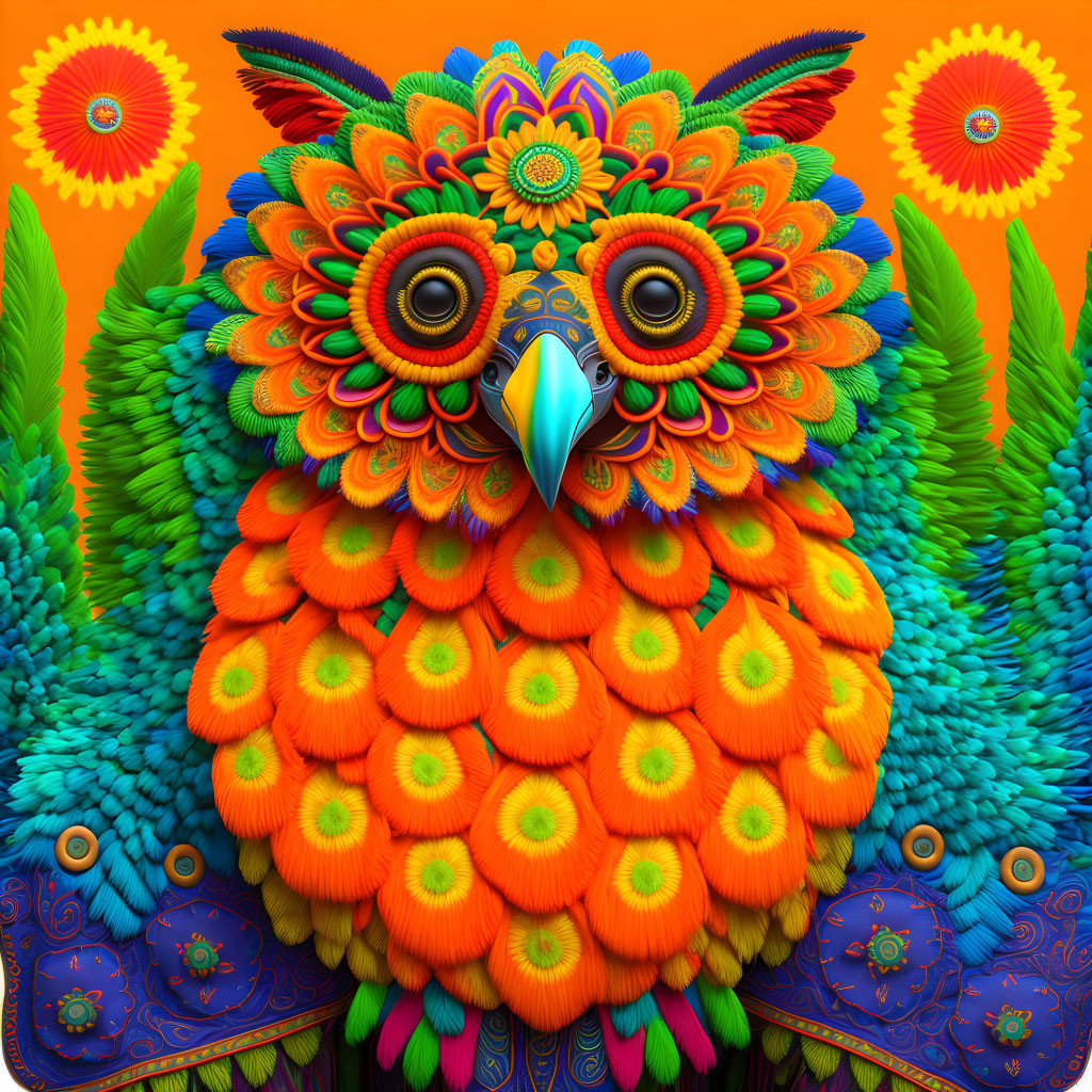 Colorful Owl Illustration with Orange, Blue, and Green Hues