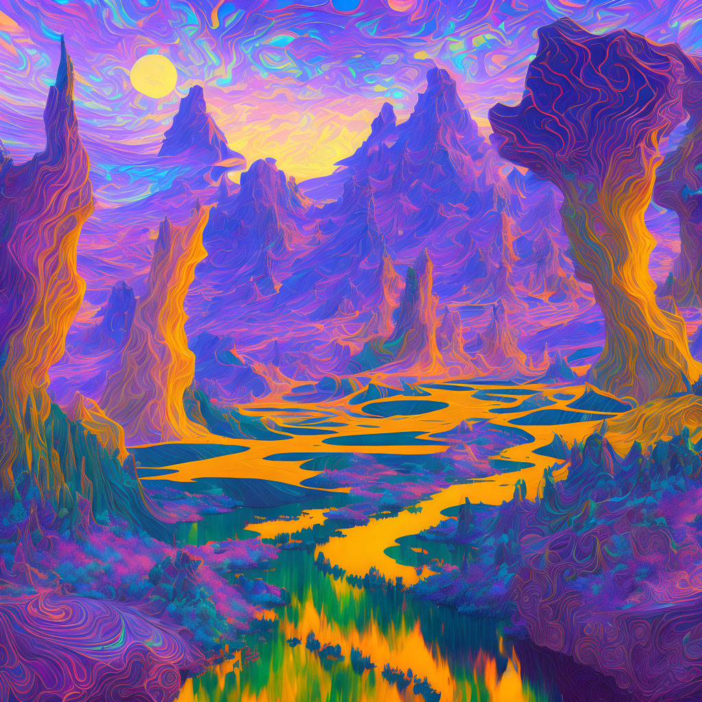 Psychedelic landscape with swirling patterns, rock formations, river, and vibrant sunset.