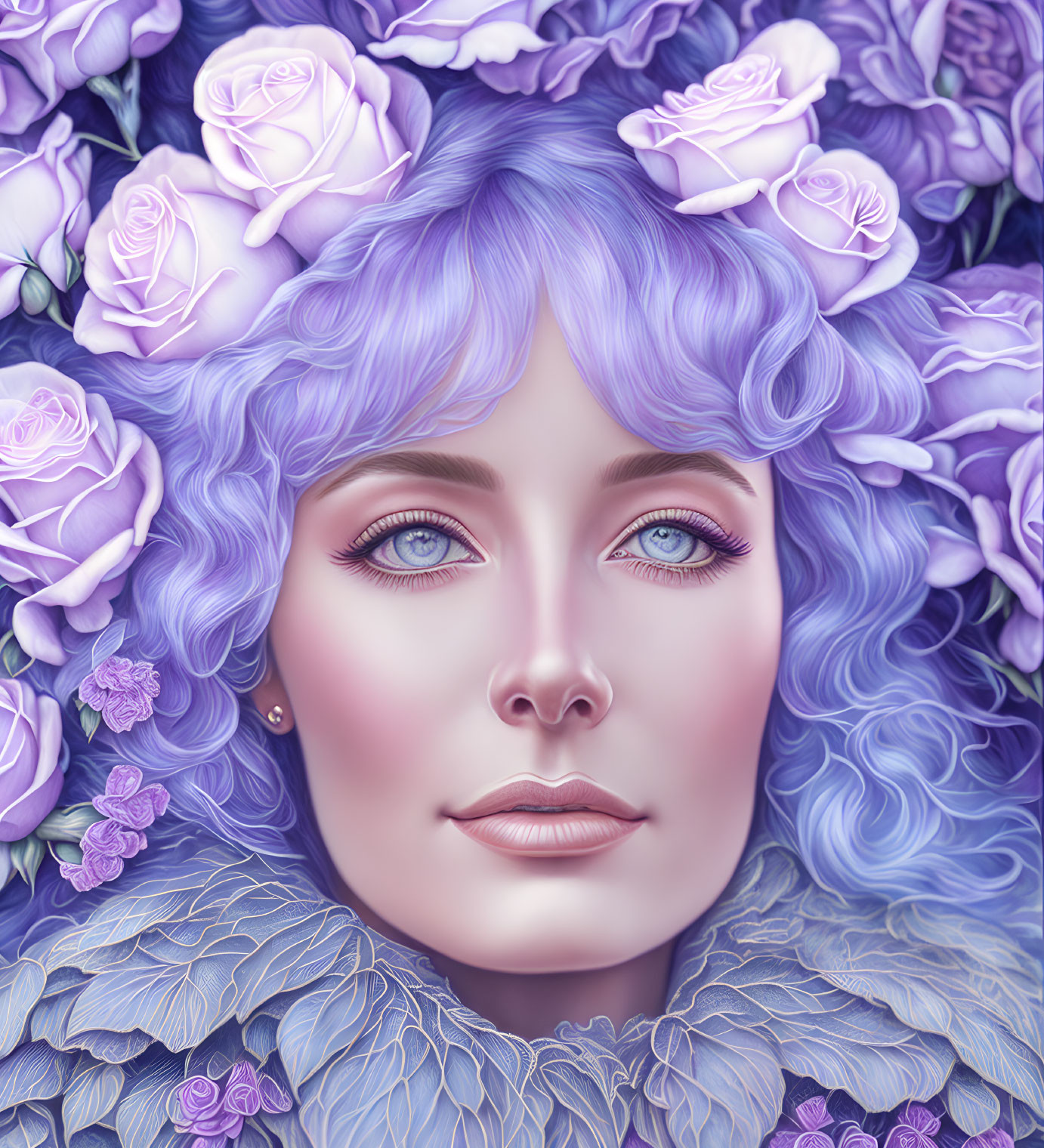 Digital art portrait of woman with violet hair and eyes, amidst lavender roses and leaves.