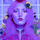 Purple-skinned woman portrait with floral surroundings and vibrant eyes.