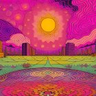 Colorful Psychedelic Landscape with Swirling Skies and Radiant Sun