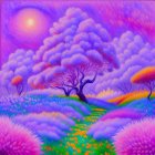 Colorful painting of mystical landscape with purple hills, blooming trees, moonlit sky, and village