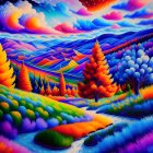 Colorful Psychedelic Landscape with Rolling Hills and Whimsical Sky