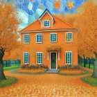 Colorful painting of orange house, blue sky, yellow clouds, autumn trees in dreamlike style