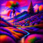 Colorful Landscape Painting with River, Fields, Trees, and Dynamic Sky