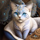 White Cat with Blue and Gold Patterns on Ornate Background