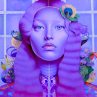 Colorful portrait of woman with purple hair and blue skin in surreal setting.