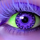 Eye with vibrant purple and blue flowers reflected in green iris