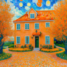 Vivid Van Gogh-inspired painting of yellow-orange house & swirling blue skies