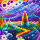 Colorful Psychedelic Landscape with Fiery Tree and Floating Planets