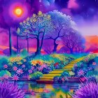 Surreal landscape with purple vegetation and fantastical structures