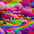 Colorful Landscape Painting with Whimsical Path and Flowers