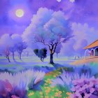 Surreal Purple Landscape with Rounded Trees and Sun