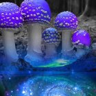 Fantasy mushrooms with neon blue and purple hues and intricate underwater coral patterns