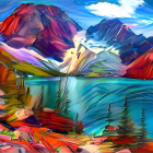 Surreal landscape: vibrant hills in purple, red, and yellow with colorful trees