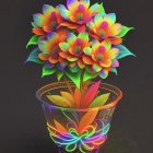 Colorful digital artwork featuring yellow and pink dahlias and multicolored leaves on dark background