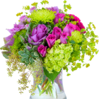 Colorful Floral Arrangement with Pink Roses, Purple Flowers, Greenery, and Succulents