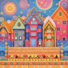 Vibrant painting of whimsical houses under starry skies