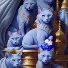 Intricate image of seven blue cats with golden swirls on tapestry background