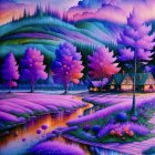 Colorful landscape painting with purple trees, serene river, and glowing houses