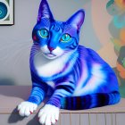 Colorful digital artwork: Blue and white cat with blue eyes on ornate blue and orange background