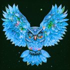 Colorful Owl Illustration with Multihued Wings on Starry Night Sky