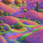 Colorful Psychedelic Landscape with Swirling Patterns and Stylized Flora