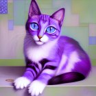 Stylized cats with purple and white stripes on floral backdrop