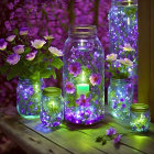 Purple Flowers and Floating Candles in Mason Jars Amid Pink Blossoms