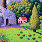 Colorful Trees, Quaint House, Figure on Tree: Whimsical Artwork with Dreamy