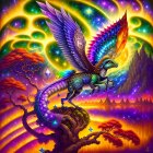 Colorful Mythical Dragon Perched on Twisted Tree in Cosmic Setting