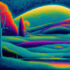 Colorful Psychedelic Landscape with Rolling Hills and Trees