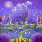 Surreal Flying Fish Illustration Over Whimsical Purple Landscape