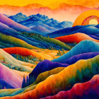 Colorful Stylized Rolling Hills Sunset Landscape