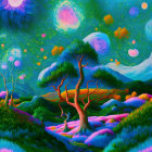 Fantasy landscape with swirling skies, whimsical tree, and distant castle under moonlit night