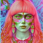 Colorful digital portrait of a person with neon pink hair and intricate face paint, wearing floral-patterned