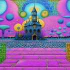 Colorful painting of whimsical castle and psychedelic orbs.