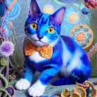 Colorful Digital Artwork: Blue-Striped Cat Among Citrus and Flowers