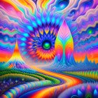 Colorful Psychedelic Landscape with Eye and Flame-like Trees