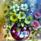 Colorful painting of purple vase with blooming flowers and green foliage on soft background