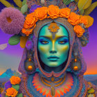 Colorful digital artwork: Woman with blue skin, ornate headwear, and surreal landscape