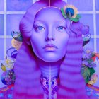 Surreal portrait: person with purple hair and floral motifs on blue backdrop