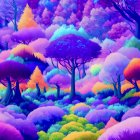 Colorful Forest Digital Artwork with Mushroom Trees and Purple Terrain