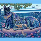 Detailed Illustration of Three Cats with Birds and Foliage